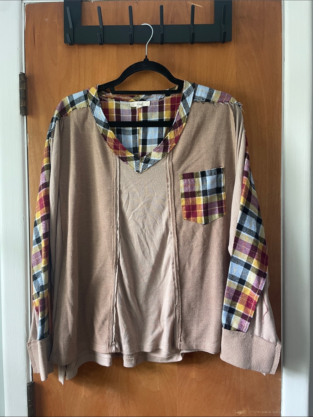 Beige Long Sleeve Top with Plaid Accent